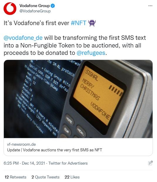 英國沃達(dá)豐公司也表示，計劃將拍賣所得全部捐贈給聯(lián)合國難民署，以支持那些被迫逃離家園的人。(圖片來源：英國沃達(dá)豐公司社交媒體截圖)