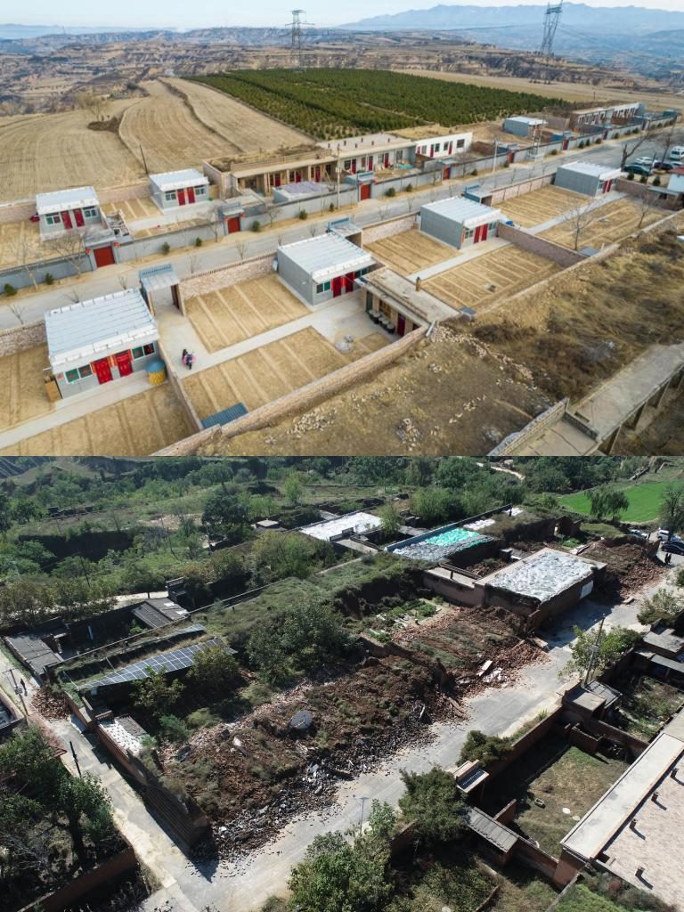 拼版照片，上圖是2022年1月山西省霍州市師莊鄉(xiāng)馮南垣村災(zāi)后恢復(fù)重建后的場(chǎng)景，下圖是2021年10月村莊因?yàn)?zāi)受損的場(chǎng)景。(霍州市委宣傳部供圖)
