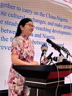 中國(guó)駐拉各斯總領(lǐng)館總領(lǐng)事嚴(yán)宇清致辭。駐拉各斯總領(lǐng)館供圖