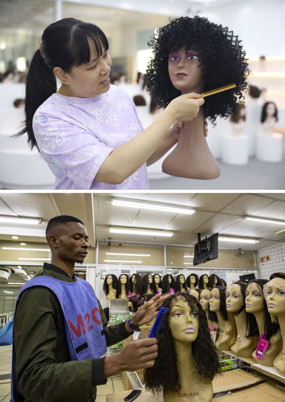 拼版照片：上圖為2023年5月25日，工人在湖南邵陽(yáng)陽(yáng)光發(fā)品有限公司展廳展示假發(fā)（新華社記者薛宇舸攝）；下圖為2023年6月9日，一名店員在湖南邵陽(yáng)陽(yáng)光發(fā)品有限公司位于南非約翰內(nèi)斯堡的店鋪內(nèi)展示假發(fā)（新華社記者張譽(yù)東攝）。新華社發(fā)