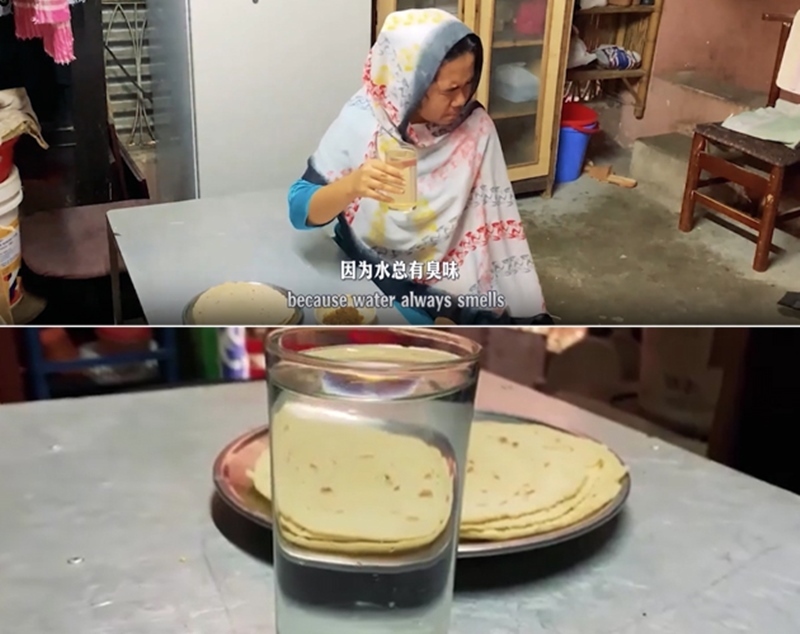 圖為紀實短片截圖：上圖為水質(zhì)未改善前，飲用水發(fā)黃渾濁；下圖為水廠建成后，飲用水水質(zhì)明顯改善，清澈透明。