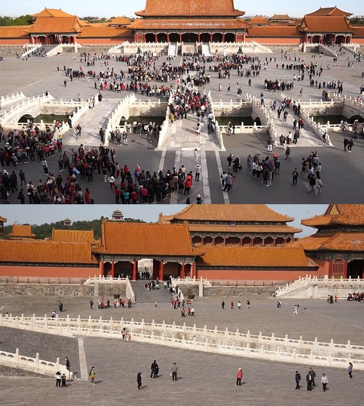 上午9時和下午13時的太和門廣場客流對比。故宮博物院供圖