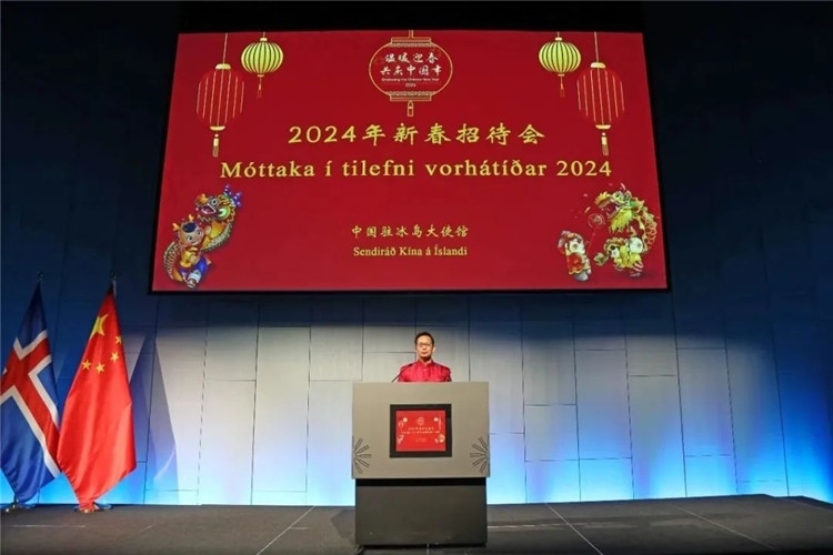 中國駐冰島大使何儒龍致辭。中國駐冰島大使館供圖