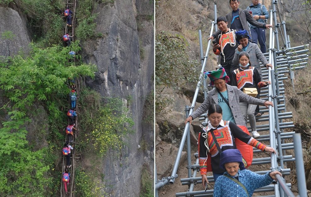 “懸崖村”今昔對(duì)比：左圖為2016年5月14日，“懸崖村”的孩子們攀爬木梯回家。右圖為2020年5月13日，“懸崖村”村民帶著行李通過(guò)鋼梯下山，搬遷至易地扶貧集中安置點(diǎn)的新家。