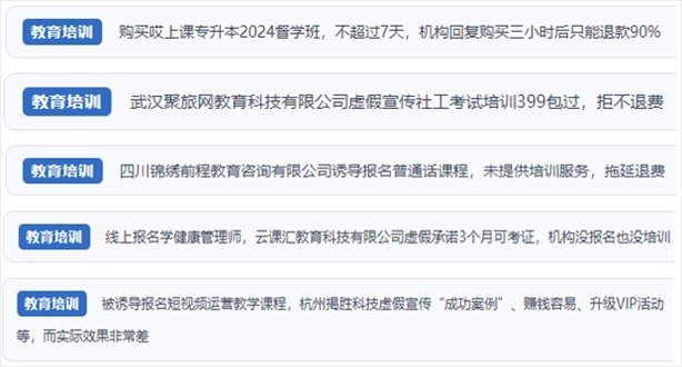 “人民投訴”用戶舉報(bào)機(jī)構(gòu)虛假宣傳包過包拿證、虛假承諾收益效果、課程服務(wù)貨不對板、退款難等在線教培亂象。（“人民投訴”平臺截圖）