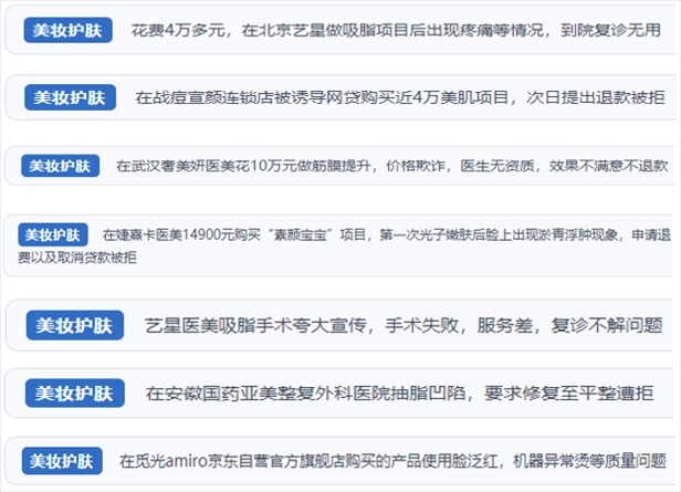 “人民投訴”用戶舉報(bào)醫(yī)美未達(dá)預(yù)期效果或?qū)е律眢w損傷退款遭拒、機(jī)構(gòu)及服務(wù)人員虛假資質(zhì)、被誘導(dǎo)高額醫(yī)美貸、網(wǎng)購美容儀器質(zhì)量不過關(guān)等問題。（“人民投訴”平臺截圖）