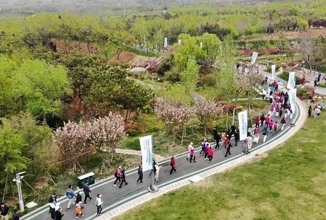 4月27日，登山愛(ài)好者在浮山森林公園參加登山健身活動(dòng)（無(wú)人機(jī)照片）。新華社記者 李紫恒攝