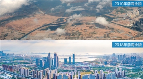 △在前海石公園的前海開發(fā)開放成果展示墻上，一張八年間的前海全貌對比圖。