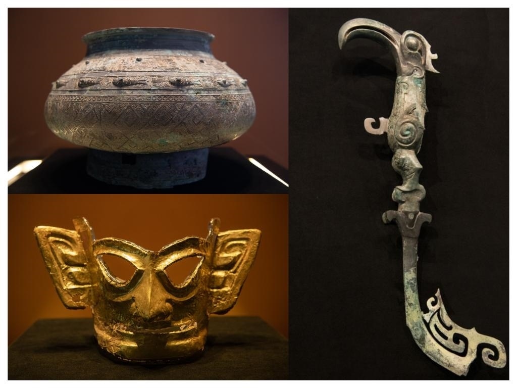 拼版照片：左上圖為青銅瓿，左下圖為黃金面具，右圖為青銅樹枝。新華社記者唐文豪 攝