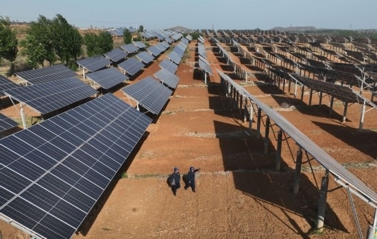 2024年4月16日，工人在河北省石家莊市靈壽縣譚莊鄉(xiāng)程家莊村的“農(nóng)光互補(bǔ)”光伏發(fā)電場(chǎng)巡查（無(wú)人機(jī)照片）。新華社記者 楊世堯 攝