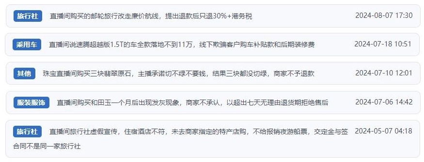 近期網(wǎng)友涉及直播購物相關(guān)投訴問題。（“人民投訴”用戶投訴截圖）