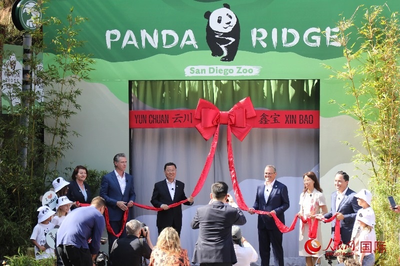 1、中國駐美國大使謝鋒、加州州長紐森、圣迭戈市市長格洛利亞等人共同為“熊貓嶺”開館剪彩。 人民網(wǎng)記者 李志偉攝