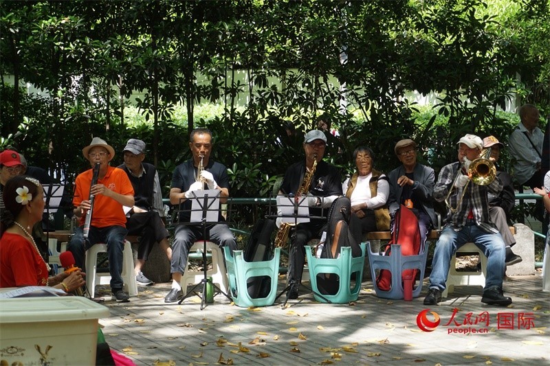 成都居民在公園里演奏歌曲。人民網(wǎng) 王禹蘅攝
