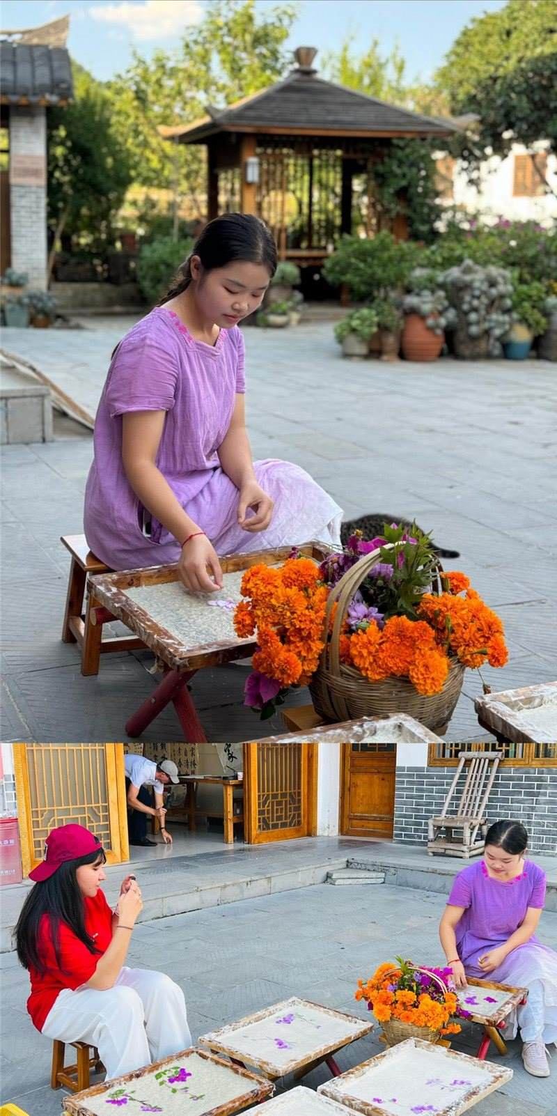 沒有女生不愛花。以古法造紙技藝為基礎(chǔ)，再輔以花草枝葉勾勒各式圖案，創(chuàng)作出花茂村獨(dú)具特色的紙漿壓花畫，少女手中的花是她眼中的風(fēng)景，而她與正在制作的紙漿壓花畫也是別人眼中的風(fēng)景。（哈薩克斯坦BAQ通訊社高級記者古爾詹·拉曼庫洛娃、張亞欣攝）