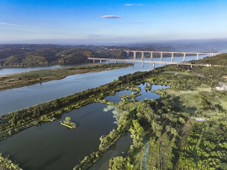 這是2023年8月28日在河南黃河濕地國(guó)家級(jí)自然保護(hù)區(qū)濟(jì)源段拍攝的景色（無人機(jī)照片）。新華社發(fā) 苗秋鬧 攝