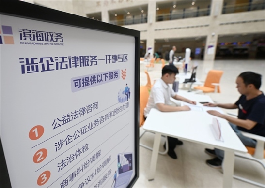 在天津?yàn)I海新區(qū)政務(wù)服務(wù)中心，工作人員在“涉企法律服務(wù)一件事”專區(qū)為市民提供服務(wù)（2024年7月31日攝）。新華社記者 趙子碩 攝