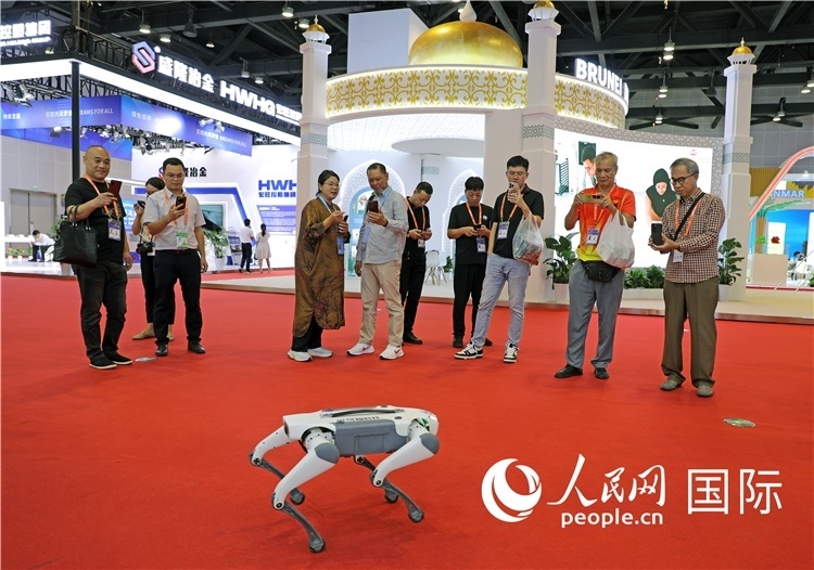東博會上，觀眾正在參觀一只機器狗。綠色能源、新能源汽車、綠色農(nóng)產(chǎn)品等成為本屆東博會觀眾關(guān)注的焦點。人民網(wǎng)記者 趙益普攝