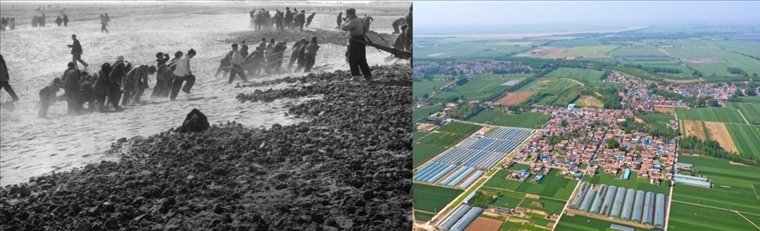 拼版照片：左圖為蘭考群眾在拉淤土壓沙（新華社記者 鄧歷耕 攝）；右圖為2024年4月25日拍攝的蘭考縣張莊村（無人機(jī)照片，新華社記者 郝源 攝）。