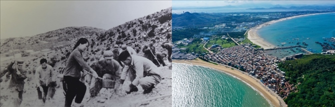 拼版照片：左圖為東山縣群眾在荒山上種植樹苗（資料照片）；右圖為2020年6月18日拍攝的東山縣陳城鎮(zhèn)澳角村附近風(fēng)光（無人機(jī)照片，新華社記者 姜克紅 攝）。