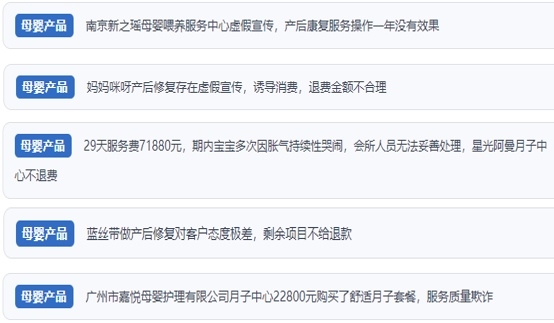 網(wǎng)友涉及產(chǎn)后康復保健消費糾紛的相關(guān)投訴問題。（“人民投訴”用戶投訴截圖）