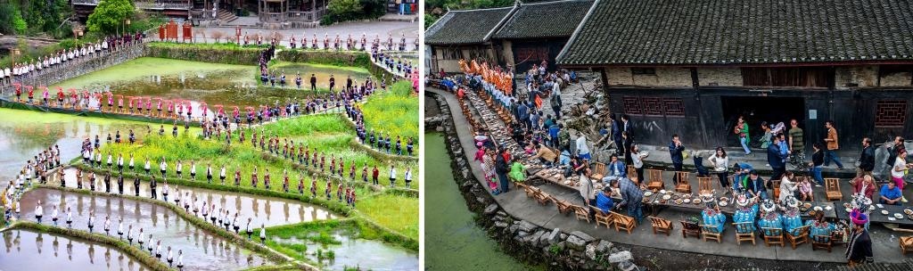 左圖：近期，人們在黎平縣肇興侗寨的田園里演唱侗族大歌（黎平縣委宣傳部供圖）；右圖：這是2023年拍攝的十八洞村長桌宴（湘西州委宣傳部供圖）。