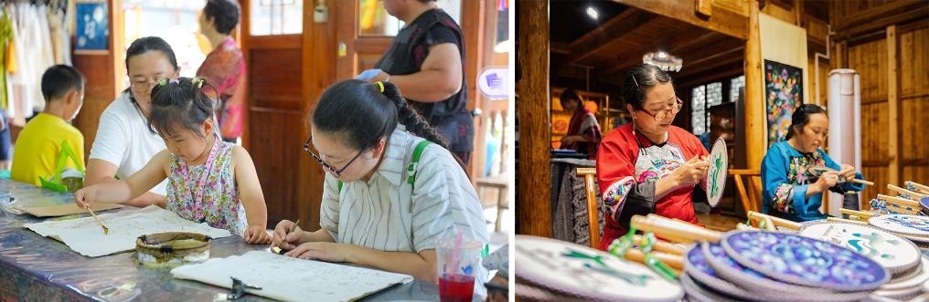 左圖：近期，游客在黎平縣肇興侗寨體驗非遺蠟染藝術（黎平縣委宣傳部供圖）；右圖：這是2024年拍攝的繡娘在十八洞村梨子寨苗繡鄉(xiāng)村振興示范基地制作苗繡產品（湘西州委宣傳部供圖）。