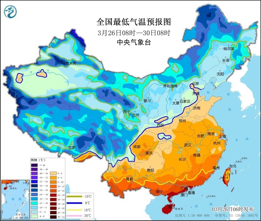 全國(guó)最低氣溫預(yù)報(bào)圖（3月26日08時(shí)-3月30日08時(shí)）