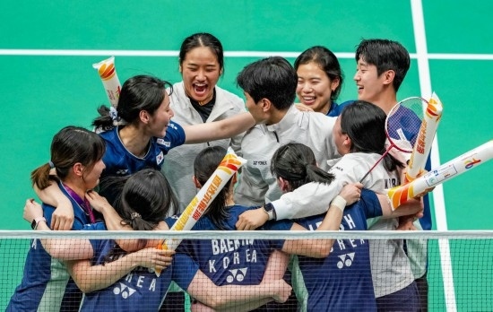 5月3日，韓國隊慶祝晉級決賽。新華社記者 孫非 攝