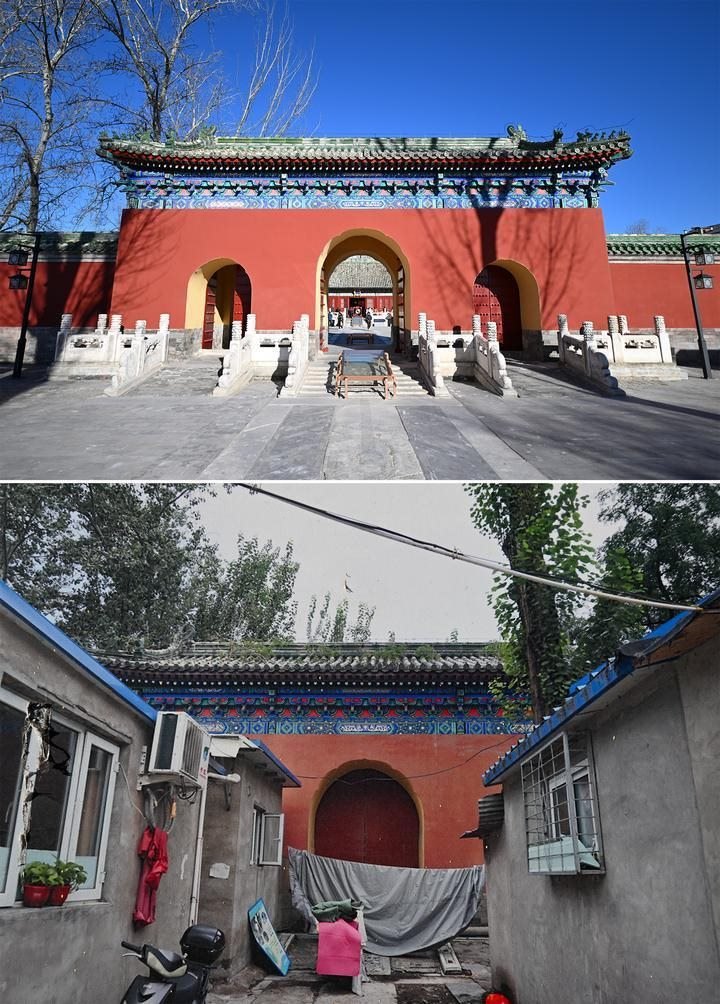 位于先農(nóng)壇內(nèi)的慶成宮，曾長時(shí)間被雜亂的民居占據(jù)。在北京中軸線申遺保護(hù)工作的帶動(dòng)下，北京完成了慶成宮區(qū)域文物征收騰退、非文物建筑拆除、彩畫保護(hù)、本體修繕、展覽布陳等，讓560多年歷史的古建群重新回歸。2024年12月，北京中軸線上先農(nóng)壇內(nèi)的慶成宮首次面向社會(huì)公眾開放。上圖為騰退修繕后的慶成宮內(nèi)宮門（資料照片）；下圖為翻拍的慶成宮內(nèi)宮門騰退修繕前的資料照片（2024年12月21日攝）。